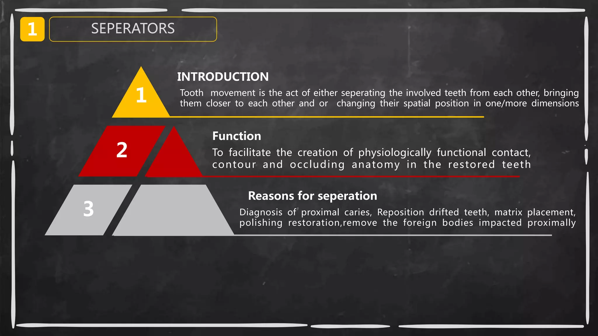 1
3
2
Tooth movement is the act of either seperating the involved teeth from each other, bringing
them closer to each other and or changing their spatial position in one/more dimensions
INTRODUCTION
To facilitate the creation of physiologically functional contact,
contour and occluding anatomy in the restored teeth
Function
Diagnosis of proximal caries, Reposition drifted teeth, matrix placement,
polishing restoration,remove the foreign bodies impacted proximally
Reasons for seperation
1 SEPERATORS
 