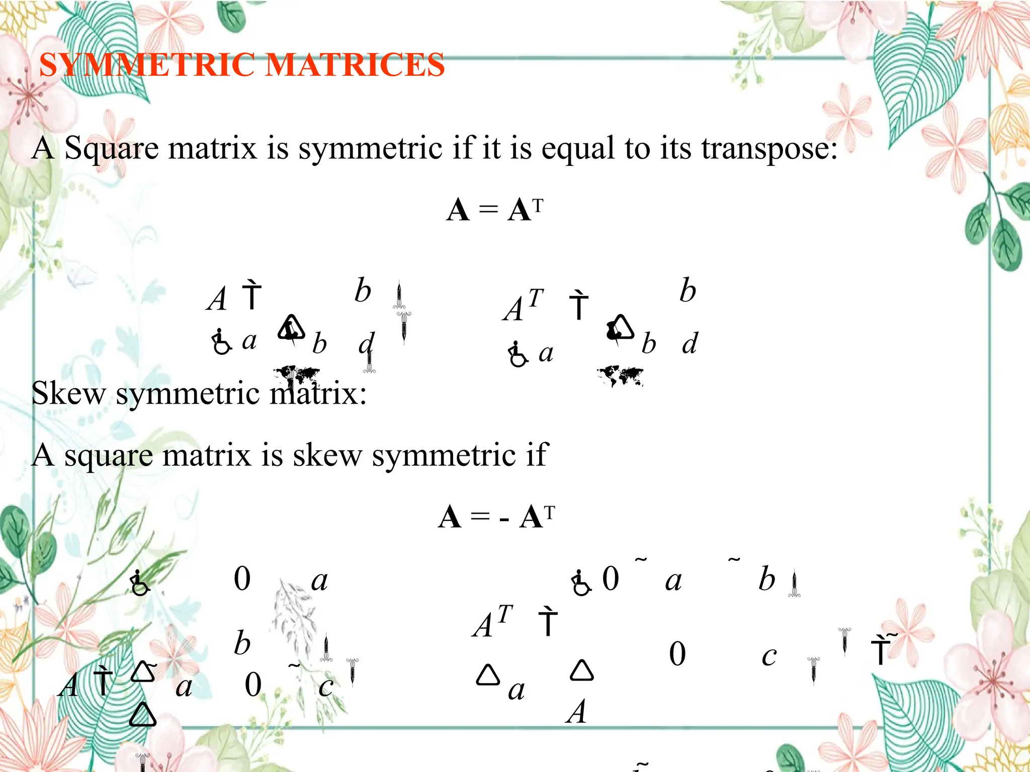SYMMETRIC MATRICES
A Square matrix is symmetric if it is equal to its transpose:
A = AT
Skew symmetric matrix:
A square matrix is skew symmetric if
A = - AT




b d  b d

b  b

A 
a
AT

a
AT

a
0  a  b

0 c 
  
A
 0 a
b 
A    a 0  c

 