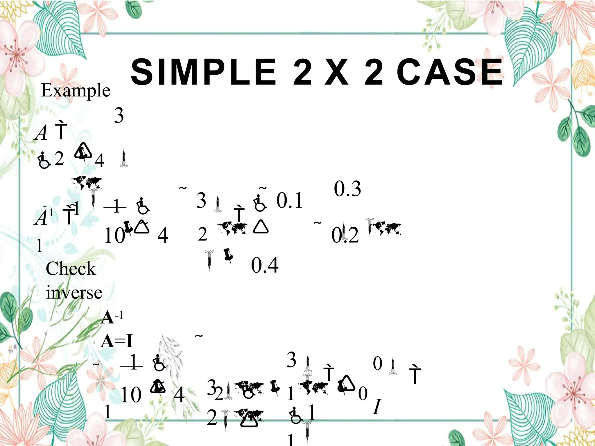 SIMPLE 2 X 2 CASE
Example

 0.2
0.3




0.4
2

 3

 0.1
10  4
A1
 
1 
1

Check
inverse
A-1
A=I


4
1
3

A 
2
  

0

I
1 0

3

1
2


3
2

10  4

1 
1
 