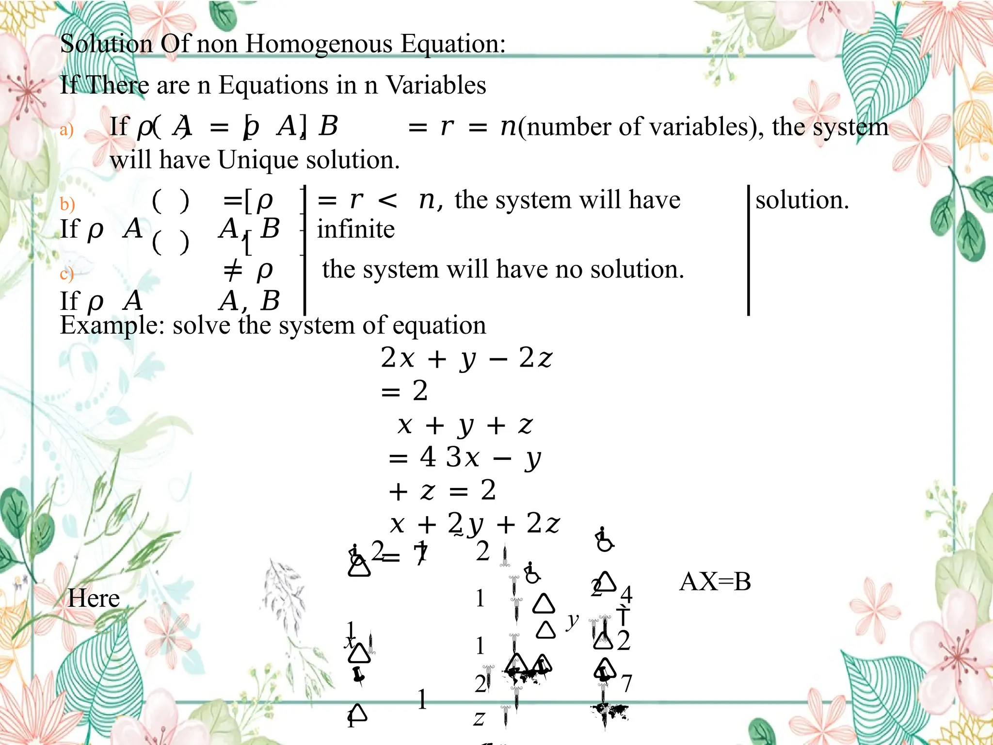 Solution Of non Homogenous Equation:
If There are n Equations in n Variables
a) If 𝜌 𝐴 = 𝜌 𝐴, 𝐵 = 𝑟 = 𝑛(number of variables), the system
will have Unique solution.
b)
If 𝜌 𝐴
= 𝜌
𝐴, 𝐵
= 𝑟 < 𝑛, the system will have
infinite
solution.
c)
If 𝜌 𝐴
≠ 𝜌
𝐴, 𝐵
the system will have no solution.
Example: solve the system of equation
2𝑥 + 𝑦 − 2𝑧
= 2
𝑥 + 𝑦 + 𝑧
= 4 3𝑥 − 𝑦
+ 𝑧 = 2
𝑥 + 2𝑦 + 2𝑧
= 7
Here
AX=B



 7

2

4


2

2


1
1 



1
1 

z 

 y 


2 1  2

x
 1
 