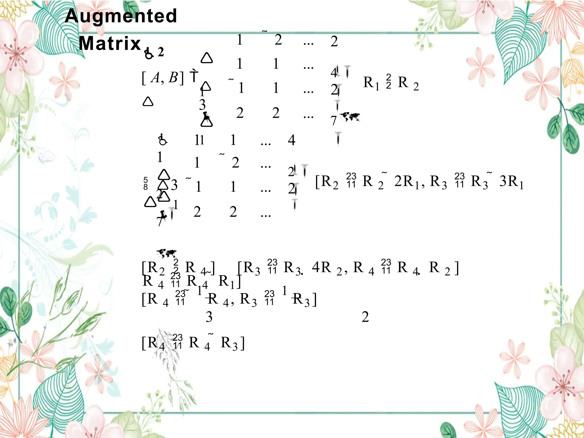 Augmented
Matrix2
[R2  R 4 ] [R3  R3  4R 2, R 4  R 4  R 2 ]
[R 4  
1
R 4, R3 
1
R3]
3 2
[R4  R 4  R3]
[R2  R 2  2R1, R3  R3  3R1

2

2

4

3
1
7



R 4  R 4  R1]

1

2
1 1 ...
1  2 ...
1 1 ...
2 2 ...
R1  R 2
7

1  2 ...
1 1 ...
1 1 ...
2 2 ...

3

1

2

4


1



2


[ A, B] 

 