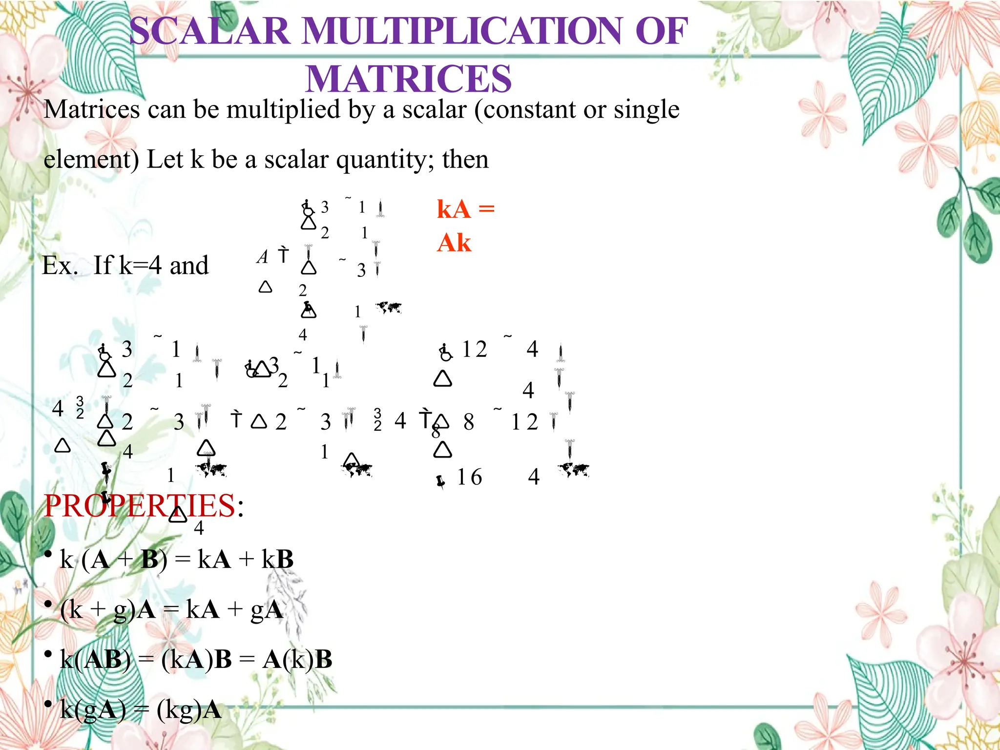 SCALAR MULTIPLICATION OF
MATRICES
Matrices can be multiplied by a scalar (constant or single
element) Let k be a scalar quantity; then
kA =
Ak
PROPERTIES:
• k (A + B) = kA + kB
• (k + g)A = kA + gA
• k(AB) = (kA)B = A(k)B
• k(gA) = (kg)A
Ex. If k=4 and

 1


 3

2

4
3  1 
2 1

A 





 

 

 16 4
 8  1 2 

4

8
 12  4 

  4 

 3  1 
1

 4
 2  3  2  3
 4 1

 3  1 
 2 1   2 1

4 

 