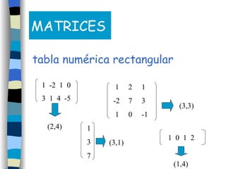 MATRICES tabla numérica rectangular 1  -2  1  0 3  1  4  -5 1 -2 1 2 7 0 1 3 -1 1 3 7 1  0  1  2 (2,4) (3,3) (3,1) (1,4) 