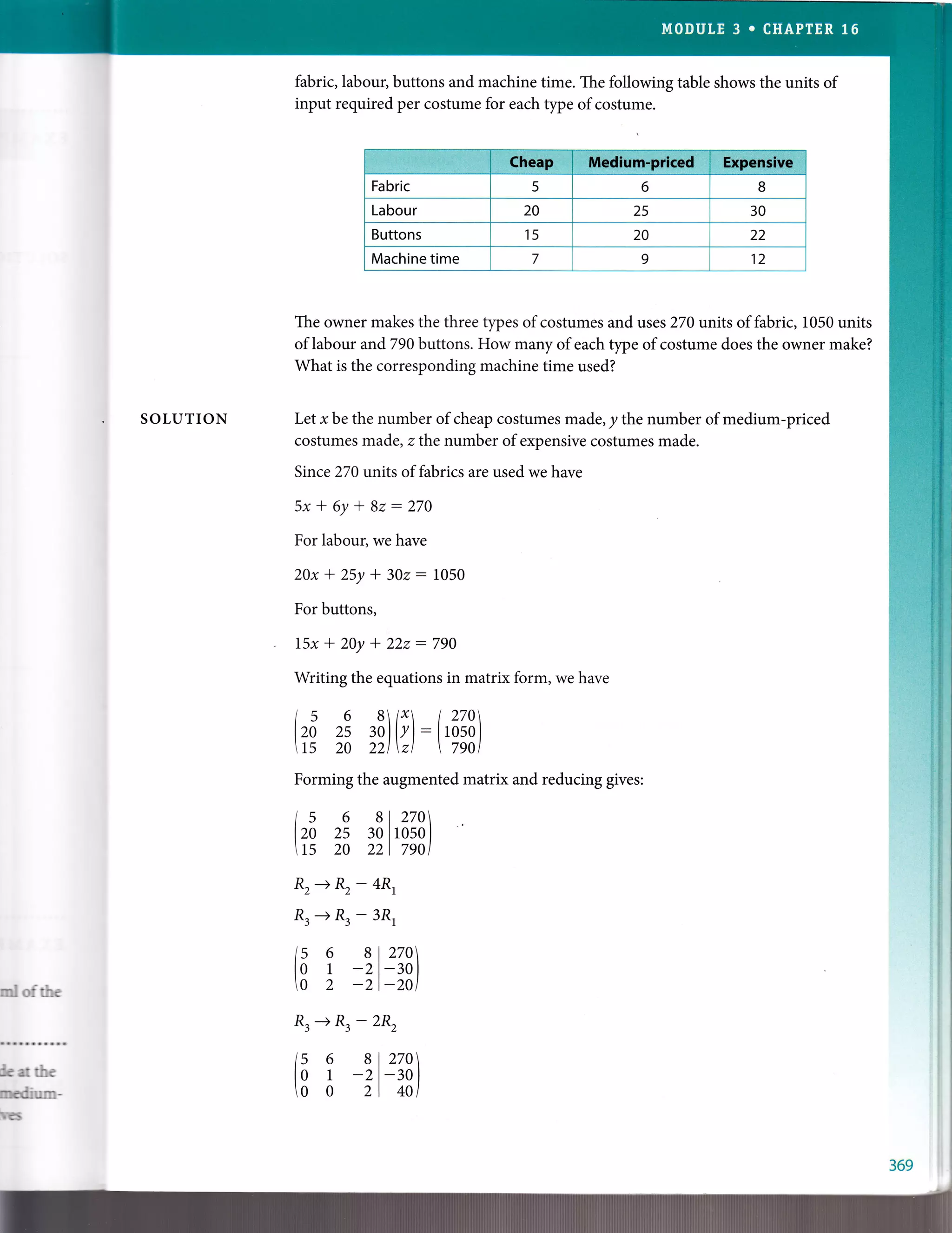 SOTUTION
fabric, labour, buttons and machine time. The following table shows the units of
input required per costume for each type of costume.
The owner makes the three types of costumes and uses 270 units of fabric, 1050 units
of labour and790 buttons. How many of each type of costume does the owner make?
What is the corresponding machine time used?
Let r be the number of cheap costumes made, y the number of medium-priced
costumes made, zthe number of expensive costumes made.
Since 270 units of fabrics are used we have
5x*6y+82:270
For labout we have
20x+25y*302:1050
For buttons,
L5x+20y*222-790
Writing the equations in matrix form, we have
ls 6 B /.r 1270
lzo zs aoll.zl-llosoI
15 20 221 zl  7901
Forming the augmented matrix and reducing gives:
ls 6 8
lzo 2s 30
rs zo 22
270
10s0 I
Tsol
R, -+ R,
Rr+R,
ls 6
lo 1
o z
R, -+R,
- 4R,
- 3R,
B
-2
-2
270
-30 I
-20lmlof$e
ilca 6c
modium-
lJCs
- 2R,
ls 6 8
lo 1 -2
o o 2
270
-30 I
40l
Fabric
Labour
Buttons
Machine time
 