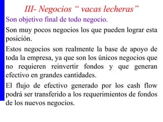 III- Negocios “ vacas lecheras” Son objetivo final de todo negocio. Son muy pocos negocios los que pueden lograr esta posición. Estos negocios son realmente la base de apoyo de toda la empresa, ya que son los únicos negocios que no requieren reinvertir fondos y que generan efectivo en grandes cantidades. El flujo de efectivo generado por los cash flow podrá ser transferido a los requerimientos de fondos de los nuevos negocios. 