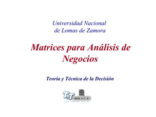 Universidad Nacional  de Lomas de Zamora Matrices para Análisis de Negocios Teoría y Técnica de la Decisión 