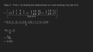 Step 3 : Find x by finding the determinant of x and dividing it by det of A.
= 2.5 ⎥ ⎥ -2 ⎥ ⎥ +1 ⎥ ⎥
Det of A
= [2.5 ( 2 - 2) - 2 ( 2.6 - 4.6) + 1 ( 1.3 - 2.3)]
6
=[0 - 4 - 1]
6
= -⅚
= -0.833
1 2
1 2
1.3 2
2.3 2
1.3 1
2.3 1
 