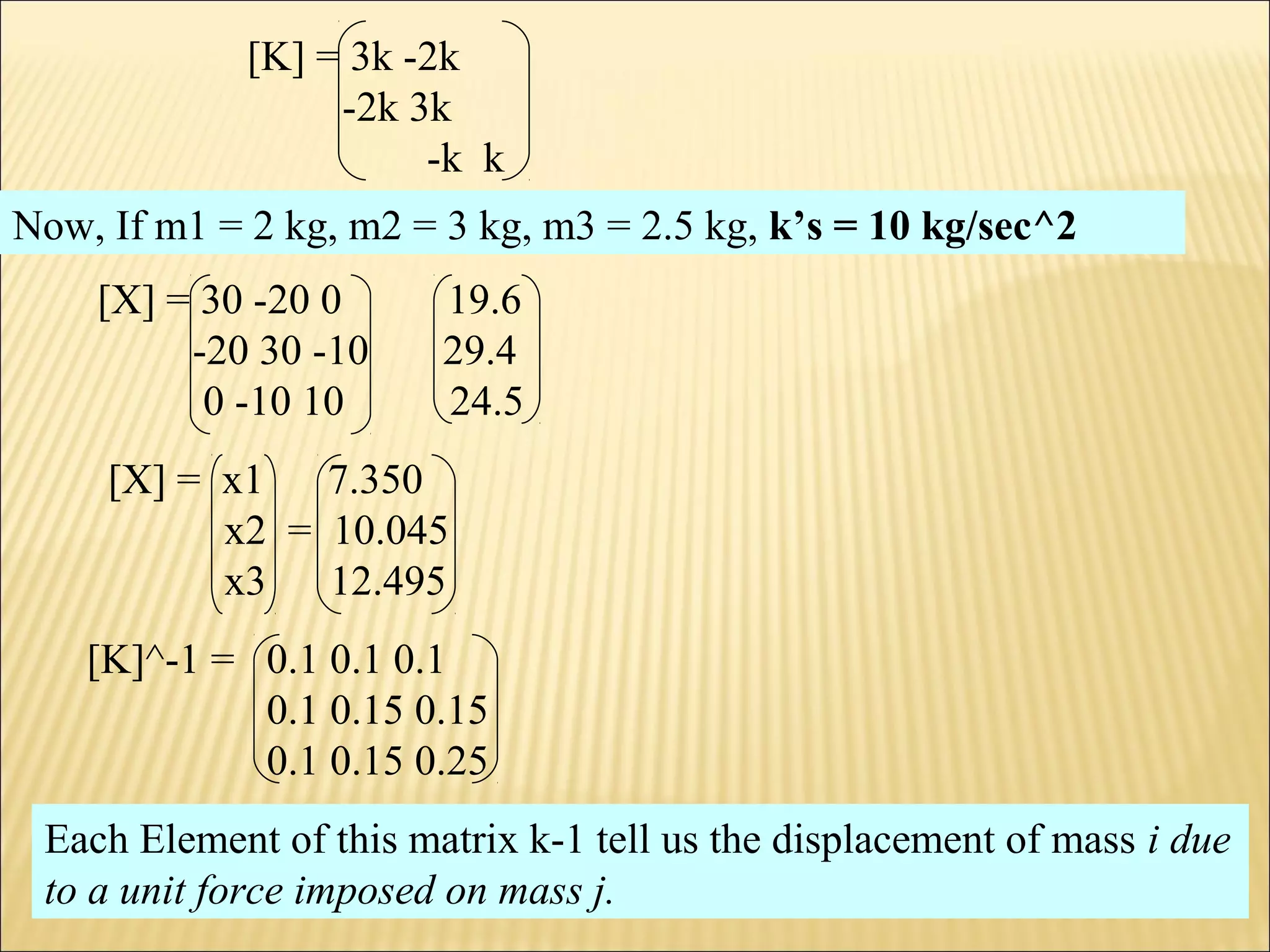 [K] = 3k -2k
-2k 3k
-k k
Now, If m1 = 2 kg, m2 = 3 kg, m3 = 2.5 kg, k’s = 10 kg/sec^2
[X] = 30 -20 0 19.6
-20 30 -10 29.4
0 -10 10 24.5
[X] = x1 7.350
x2 = 10.045
x3 12.495
[K]^-1 = 0.1 0.1 0.1
0.1 0.15 0.15
0.1 0.15 0.25
Each Element of this matrix k-1 tell us the displacement of mass i due
to a unit force imposed on mass j.
 