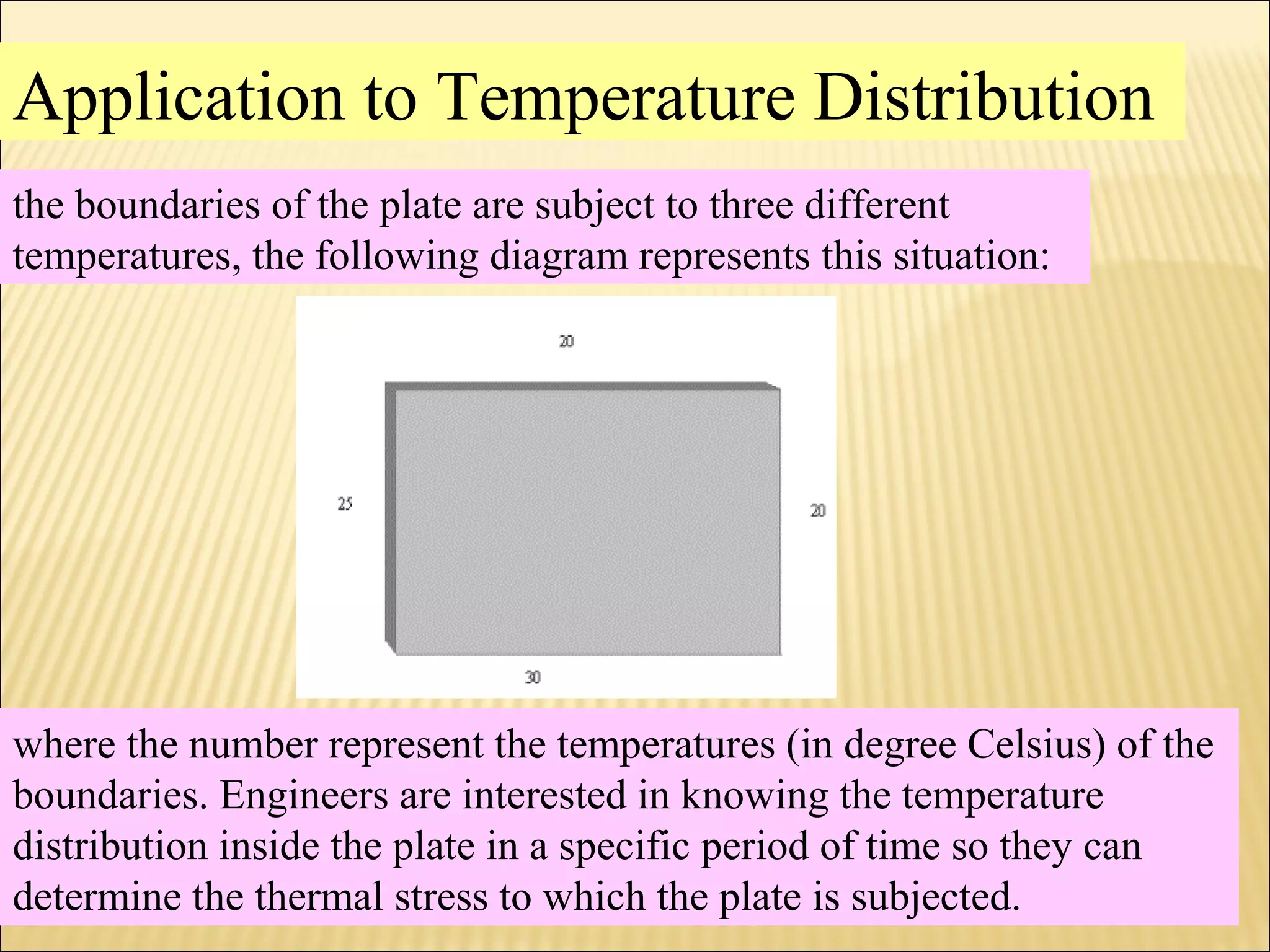 Application to Temperature Distribution
the boundaries of the plate are subject to three different
temperatures, the following diagram represents this situation:
where the number represent the temperatures (in degree Celsius) of the
boundaries. Engineers are interested in knowing the temperature
distribution inside the plate in a specific period of time so they can
determine the thermal stress to which the plate is subjected.
 