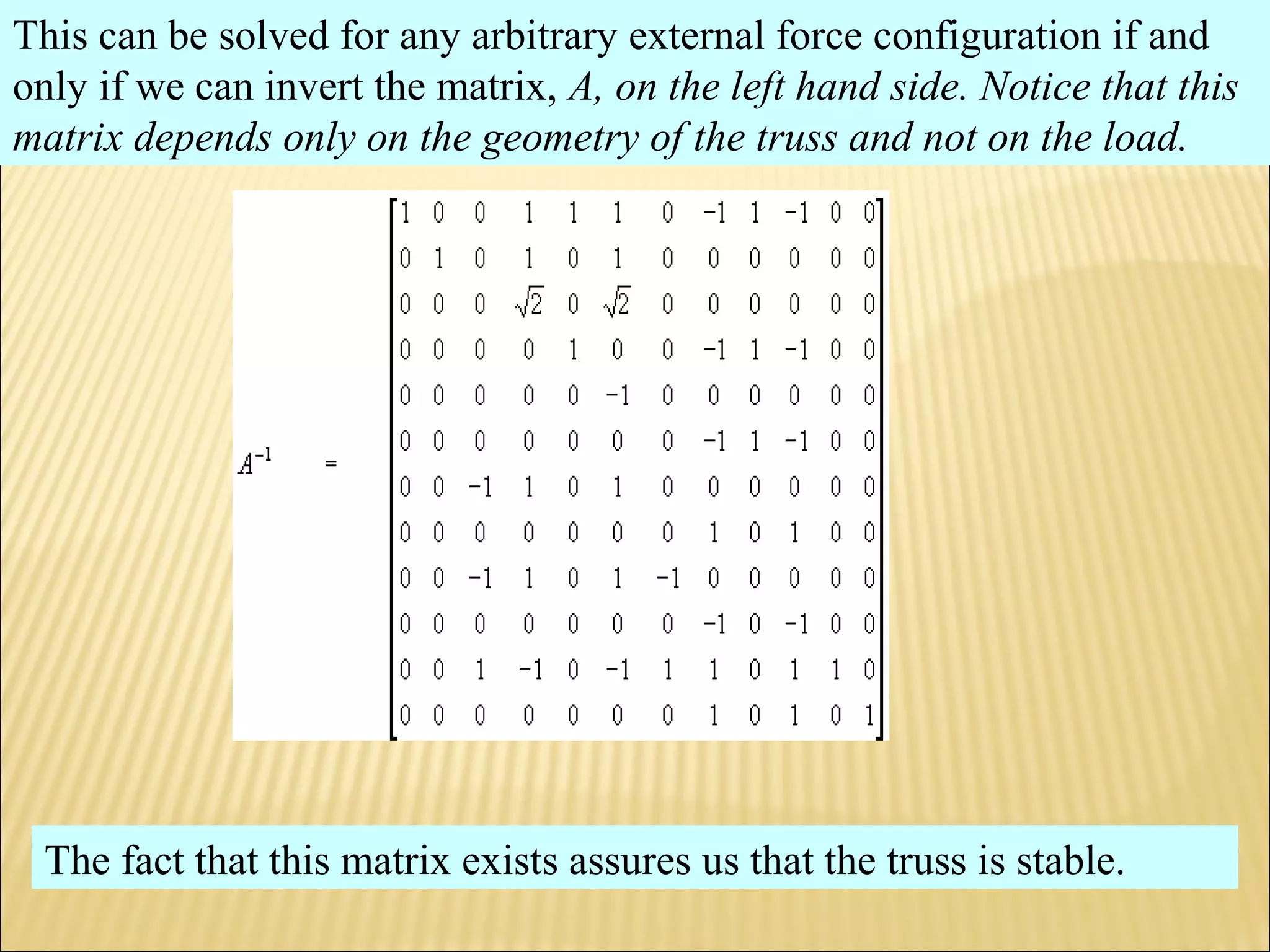 This can be solved for any arbitrary external force configuration if and
only if we can invert the matrix, A, on the left hand side. Notice that this
matrix depends only on the geometry of the truss and not on the load.
The fact that this matrix exists assures us that the truss is stable.
 
