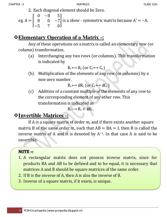 Important Formulas and notes on Matrices Class 12 CBSE