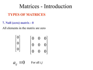 Matrices - Introduction
TYPES OF MATRICES
7. Null (zero) matrix - 0
All elements in the matrix are zero










0
0
0










0
0
0
0
0
0
0
0
0
0

ij
a For all i,j
 