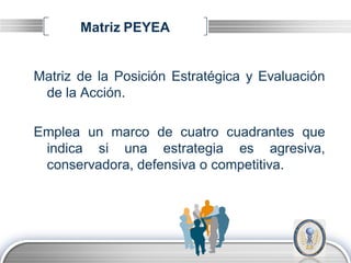 Matriz PEYEA


Matriz de la Posición Estratégica y Evaluación
 de la Acción.

Emplea un marco de cuatro cuadrantes que
 indica si una estrategia es agresiva,
 conservadora, defensiva o competitiva.




                                         LOGO
 