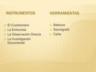 INSTRUMENTOS HERRAMIENTAS
 El Cuestionario
 La Entrevista
 La Observación Directa
 La Investigación
Documental
 Balanza
 Sismógrafo
 Caña
 