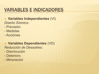 VARIABLES E INDICADORES
 Variables Independientes (VI)
Diseño Sísmico:
- Previsión
- Medidas
- Acciones
 Variables Dependientes (VD)
Reducción de Desastres:
- Disminución
- Deterioro
- Minoración
 