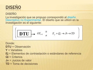 DISEÑO
DISEÑO
La investigación que se propuso correspondió al diseño
Descriptivo no Experimental. El diseño que se utilizó en la
investigación es el siguiente:
Donde:
DTU = Observación
Y = Variables
Ej = Elementos de contrastación o estándares de referencia
Qi = Criterios
Jv = Juicios de valor
TD = Toma de decisiones
 