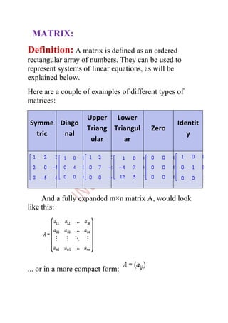 MATRIX:
Definition: A matrix is defined as an ordered
rectangular array of numbers. They can be used to
represent systems of linear equations, as will be
explained below.
Here are a couple of examples of different types of
matrices:

                   Upper Lower
Symme Diago                                      Identit
                   Triang Triangul      Zero
  tric nal                                          y
                    ular     ar




     And a fully expanded m×n matrix A, would look
like this:




... or in a more compact form:
 