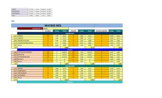CAROS 18,75% 3,57% 10,64% 12,50%
MODERADOS 56,25% 75,00% 63,83% 62,50%
ECONOMICOS 25,00% 21,43% 24,40% 28,00%
Otros 0,00% 0,00% 2,13% 0,00%
MIX
MATRIZ MIX
SEGMENTO 1: Niños
GLORIA Comp Pond ARCOR Comp Pond DUDOLADEDIN Comp Pond
PRODUCTO
0,69 SABOR 10 1,00 0,69 8 0,80 0,55 9 0,90 0,62
0,13 PRECIO 8 1,00 0,13 7 0,88 0,11 8 1,00 0,13
0,00 PRESENTACION 9 1,00 0,00 9 1,00 0,00 8 0,89 0,00
0,19 VALOR NUTRICIONAL 2 0,33 0,06 2 0,33 0,06 6 1,00 0,19
0,00 Otros 1 1,00 0,00 1 1,00 0,00 1 1,00 0,00
1,00 0,88 0,72 0,93
PLAZA
0,06 TIENDA DE BARRIO 10 1 0,0625 10 1,00 0,0625 9 0,90 0,06
0,63 MECADO 10 1 0,625 10 1,00 0,625 9 0,90 0,56
0,31 SUPERMERCADO 10 1 0,3125 10 1,00 0,3125 8 0,80 0,25
0,00 KIOSCO 1 1 0 1 1,00 0 1 1,00 0,00
0,00 Otros 1 1 0 1 1,00 0 1 1,00 0,00
1,00 1,00 1,00 0,87
PROMOCIÓN
0,19 RADIO 1 1,00 0,19 1 1,00 0,19 1 1,00 0,19
0,25 PERIODICO 2 1,00 0,25 2 1,00 0,25 1 0,50 0,13
0,44 TELEVISION 10 1,00 0,44 10 1,00 0,44 6 0,60 0,26
0,06 INTERNET 4 1,00 0,06 3 0,75 0,05 1 0,25 0,02
0,00 Otros 1 1,00 0,00 1 1,00 0,00 1 1,00 0,00
0,94 0,94 0,92 0,59
PRECIO
 