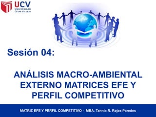 Sesión 04:
ANÁLISIS MACRO-AMBIENTAL
EXTERNO MATRICES EFE Y
PERFIL COMPETITIVO
MATRIZ EFE Y PERFIL COMPETITIVO - MBA. Tannia R. Rojas Paredes
 