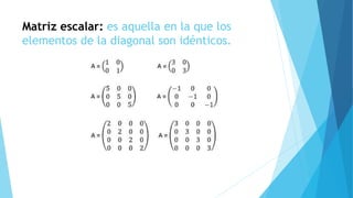 Matriz escalar: es aquella en la que los
elementos de la diagonal son idénticos.
 
