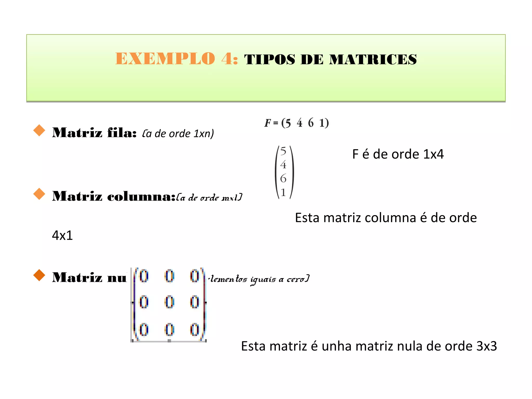 EXEMPLO 4: TIPOS DE MATRICES



 Matriz fila: (a de orde 1xn)
                                                          F é de orde 1x4

 Matriz columna:(a de orde mx1)
                                                 Esta matriz columna é de orde
   4x1

 Matriz nula: (con tódolos elementos iguais a cero)



                                       Esta matriz é unha matriz nula de orde 3x3
 
