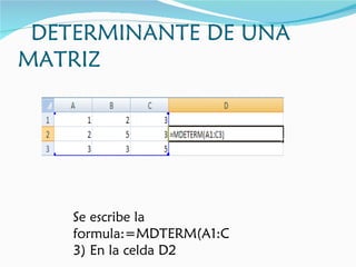 DETERMINANTE DE UNA MATRIZ Se escribe la formula:=MDTERM(A1:C3) En la celda D2 