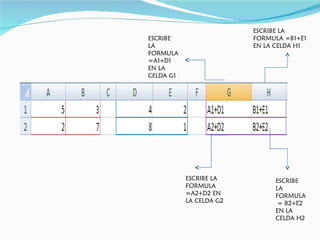 ESCRIBE LA FORMULA = B2+E2 EN LA CELDA H2 ESCRIBE LA FORMULA =A2+D2 EN LA CELDA G2 ESCRIBE LA FORMULA =A1+D1 EN LA CELDA G1 ESCRIBE LA FORMULA =B1+E1 EN LA CELDA H1 