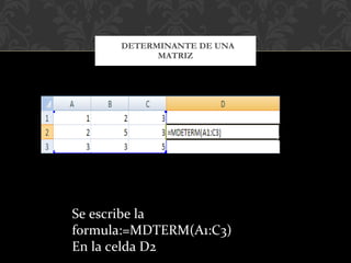 DETERMINANTE DE UNA MATRIZ Se escribe la formula:=MDTERM(A1:C3) En la celda D2 
