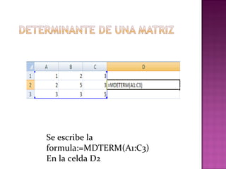 Se escribe la formula:=MDTERM(A1:C3) En la celda D2