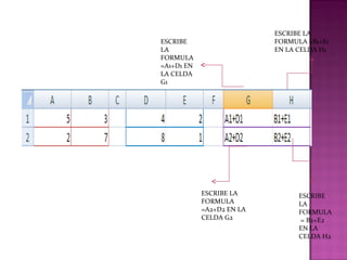 ESCRIBE LA FORMULA = B2+E2 EN LA CELDA H2 ESCRIBE LA FORMULA =A2+D2 EN LA CELDA G2 ESCRIBE LA FORMULA =A1+D1 EN LA CELDA G1 ESCRIBE LA FORMULA =B1+E1 EN LA CELDA H1