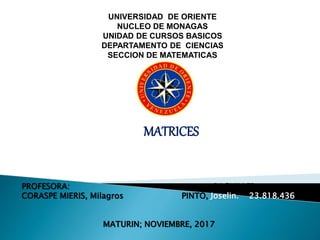PROFESORA: BACHILLER:
CORASPE MIERIS, Milagros PINTO, Joselin. 23.818.436
MATURIN; NOVIEMBRE, 2017
MATRICES
UNIVERSIDAD DE ORIENTE
NUCLEO DE MONAGAS
UNIDAD DE CURSOS BASICOS
DEPARTAMENTO DE CIENCIAS
SECCION DE MATEMATICAS
 