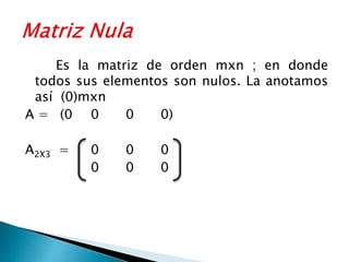 Es la matriz de orden mxn ; en donde
todos sus elementos son nulos. La anotamos
así (0)mxn
A = (0 0 0 0)
A2X3 = 0 0 0
0 0 0
 