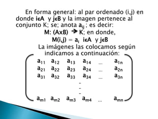 En forma general: al par ordenado (i,j) en
donde iϵA y jϵB y la imagen pertenece al
conjunto K; se; anota aij ; es decir:
M: (AxB) K; en donde,
M(i,j) = ai iϵA y jϵB
La imágenes las colocamos según
indicamos a continuación:
a11 a12 a13 a14 … a1n
a21 a22 a23 a24 … a2n
a31 a32 a33 a34 … a3n
-
-
-
am1 am2 am3 am4 … amn
 