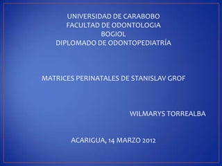 UNIVERSIDAD DE CARABOBO
      FACULTAD DE ODONTOLOGIA
               BOGIOL
   DIPLOMADO DE ODONTOPEDIATRÍA



MATRICES PERINATALES DE STANISLAV GROF



                       WILMARYS TORREALBA


       ACARIGUA, 14 MARZO 2012
 