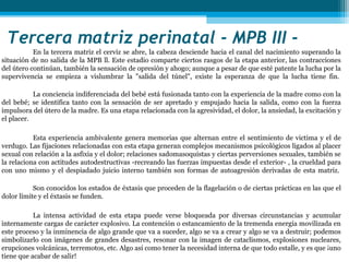 Tercera matriz perinatal - MPB III - 
           En la tercera matriz el cerviz se abre, la cabeza desciende hacia el canal del nacimiento superando la
situación de no salida de la MPB ll. Este estadio comparte ciertos rasgos de la etapa anterior, las contracciones
del útero continúan, también la sensación de opresión y ahogo; aunque a pesar de que esté patente la lucha por la
supervivencia se empieza a vislumbrar la "salida del túnel", existe la esperanza de que la lucha tiene fin.

           La conciencia indiferenciada del bebé está fusionada tanto con la experiencia de la madre como con la
del bebé; se identifica tanto con la sensación de ser apretado y empujado hacia la salida, como con la fuerza
impulsora del útero de la madre. Es una etapa relacionada con la agresividad, el dolor, la ansiedad, la excitación y
el placer.

           Esta experiencia ambivalente genera memorias que alternan entre el sentimiento de victima y el de
verdugo. Las fijaciones relacionadas con esta etapa generan complejos mecanismos psicológicos ligados al placer
sexual con relación a la asfixia y el dolor; relaciones sadomasoquistas y ciertas perversiones sexuales, también se
la relaciona con actitudes autodestructivas -recreando las fuerzas impuestas desde el exterior- , la crueldad para
con uno mismo y el despiadado juicio interno también son formas de autoagresión derivadas de esta matriz.

           Son conocidos los estados de éxtasis que proceden de la flagelación o de ciertas prácticas en las que el
dolor límite y el éxtasis se funden.

           La intensa actividad de esta etapa puede verse bloqueada por diversas circunstancias y acumular
internamente cargas de carácter explosivo. La contención o estancamiento de la tremenda energía movilizada en
este proceso y la inminencia de algo grande que va a suceder, algo se va a crear y algo se va a destruir; podemos
simbolizarlo con imágenes de grandes desastres, resonar con la imagen de cataclismos, explosiones nucleares,
erupciones volcánicas, terremotos, etc. Algo así como tener la necesidad interna de que todo estalle, y es que ¡uno
tiene que acabar de salir!
 