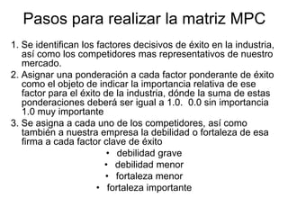 Pasos para realizar la matriz MPC
1. Se identifican los factores decisivos de éxito en la industria,
así como los competidores mas representativos de nuestro
mercado.
2. Asignar una ponderación a cada factor ponderante de éxito
como el objeto de indicar la importancia relativa de ese
factor para el éxito de la industria, dónde la suma de estas
ponderaciones deberá ser igual a 1.0. 0.0 sin importancia
1.0 muy importante
3. Se asigna a cada uno de los competidores, así como
también a nuestra empresa la debilidad o fortaleza de esa
firma a cada factor clave de éxito
• debilidad grave
• debilidad menor
• fortaleza menor
• fortaleza importante
 