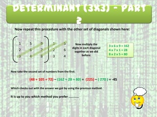 Determinant (3x3) – Part
2
Now repeat this procedure with the other set of diagonals shown here:
1 5 9
2 6 7
3 4 8
1 5
2 6
3 4
Now multiply the
digits in each diagonal
together as we did
before:
3 x 6 x 9 = 162
4 x 7 x 1 = 28
8 x 2 x 5 = 80
Now take the second set of numbers from the first:
(48 + 105 + 72) – (162 + 28 + 80) = (225) – ( 270 ) = -45
Which checks out with the answer we got by using the previous method.
It is up to you which method you prefer ...........
 