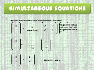 Simultaneous Equations
When we write the equation (X=A-1 B) out in full again we will get...
X
Y
=
-5 -2
-3 1
And remember we have
just inverted A so it will
have swapped around a
bit!
4
1
1
determinant
X
Y =
1
11
-22
-11
X
Y
=
2
1
-
Therefore, x=2, y=1
 