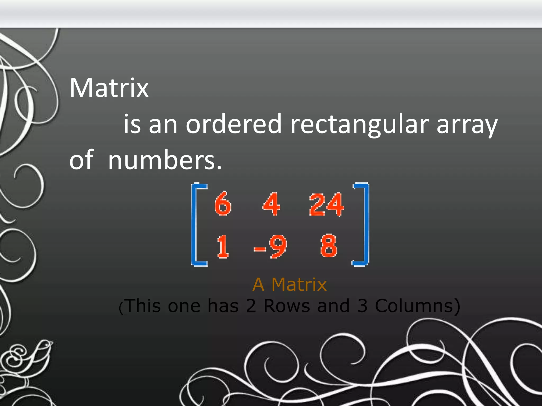 Matrix
is an ordered rectangular array
of numbers.
A Matrix
(This one has 2 Rows and 3 Columns)
 