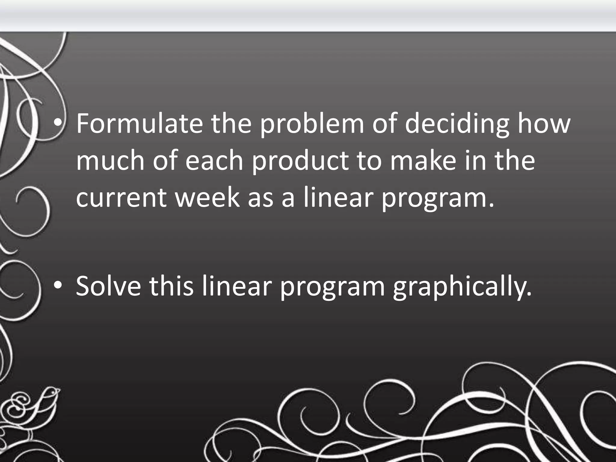 • Formulate the problem of deciding how
much of each product to make in the
current week as a linear program.
• Solve this linear program graphically.
 