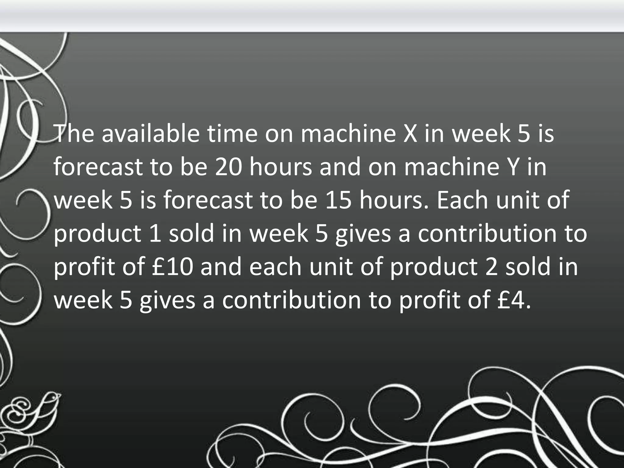 The available time on machine X in week 5 is
forecast to be 20 hours and on machine Y in
week 5 is forecast to be 15 hours. Each unit of
product 1 sold in week 5 gives a contribution to
profit of £10 and each unit of product 2 sold in
week 5 gives a contribution to profit of £4.
 