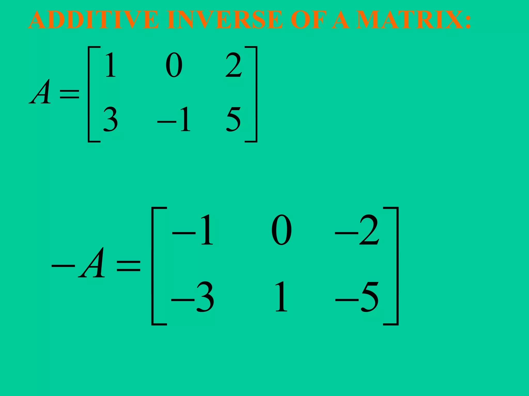 ADDITIVE INVERSE OF A MATRIX:
1 0 2
3 1 5
A
 
   
1 0 2
3 1 5
A
  
     
 