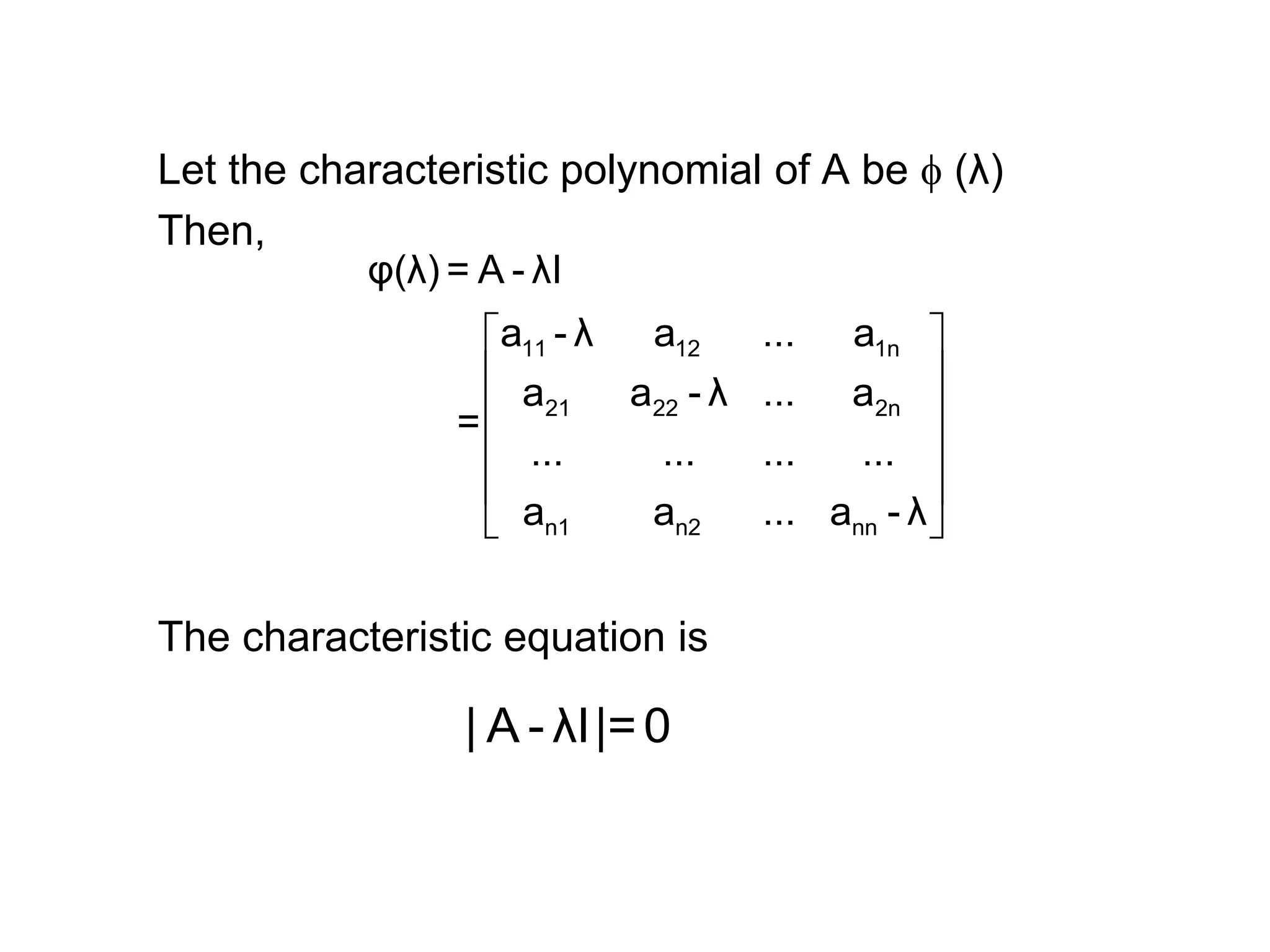 Let the characteristic polynomial of A be  (λ)
Then,
The characteristic equation is
 
 
 
 
 
 
11 12 1n
21 22 2n
n1 n2 nn
φ(λ) = A - λI
a - λ a ... a
a a - λ ... a
=
... ... ... ...
a a ... a - λ
| A - λI|=0
 