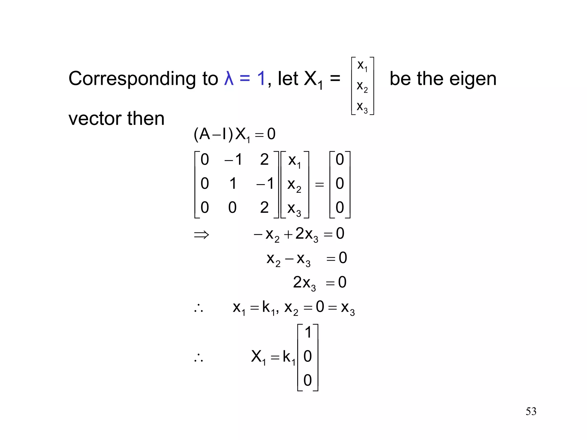 53
Corresponding to λ = 1, let X1 = be the eigen
vector then










3
2
1
x
x
x

















































0
0
1
kX
x0x,kx
02x
0xx
02xx
0
0
0
x
x
x
200
110
210
0X)I(A
11
3211
3
32
32
3
2
1
1
 