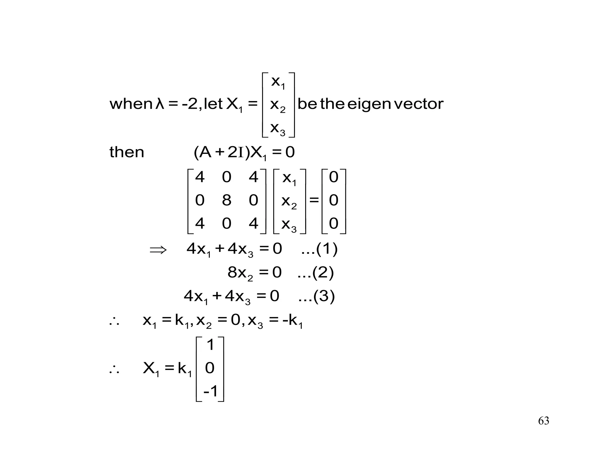 63
I
 
 
 
  
     
     
     
          


 
   
  
1
1 2
3
1
1
2
3
1 3
2
1 3
1 1 2 3 1
1 1
x
whenλ = -2,let X = x betheeigenvector
x
then (A + 2 )X = 0
4 0 4 x 0
0 8 0 x = 0
4 0 4 x 0
4x + 4x = 0 ...(1)
8x = 0 ...(2)
4x + 4x = 0 ...(3)
x = k ,x = 0,x = -k
1
X = k 0
-1
 
