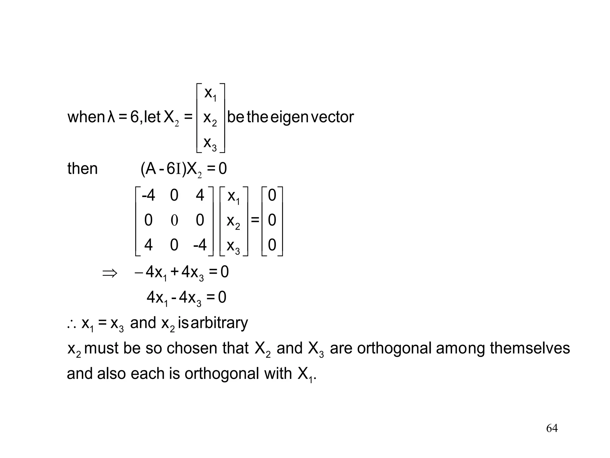 64
2
2I
0
 
 
 
  
     
     
     
          
 

1
2
3
1
2
3
1 3
1 3
1 3 2
2 2 3
x
whenλ = 6,let X = x betheeigenvector
x
then (A -6 )X = 0
-4 0 4 x 0
0 0 x = 0
4 0 -4 x 0
4x +4x = 0
4x - 4x = 0
x = x and x isarbitrary
x must be so chosen that X and X are orthogonal among th
.1
emselves
and also each is orthogonal with X
 