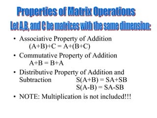 • Associative Property of Addition
(A+B)+C = A+(B+C)
• Commutative Property of Addition
A+B = B+A
• Distributive Property of Addition and
Subtraction S(A+B) = SA+SB
S(A-B) = SA-SB
• NOTE: Multiplication is not included!!!
 