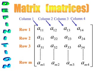 11 12 13 14
21 22 23 24
31 32 33 34
1 2 3 4m m m m
a a a a
a a a a
a a a a
a a a a







 
Row 1
Row 2
Row 3
Row m
Column 1 Column 2 Column 3 Column 4
 