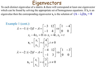 Example 1 (cont.):





 









00
41
41
123
)1(:1 AI
0,
1
4
,404
2
1
1
2121














tt
x
x
txtxxx
x





 









00
31
31
124
)2(:2 AI
0,
1
3
2
1
2 











 ss
x
x
x
Eigenvectors
To each distinct eigenvalue of a matrix A there will correspond at least one eigenvector
which can be found by solving the appropriate set of homogenous equations. If λi is an
eigenvalue then the corresponding eigenvector xi is the solution of (A – λiI)xi = 0
 