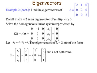 Example 2 (cont.): Find the eigenvectors of
Recall that λ = 2 is an eigenvector of multiplicity 3.
Solve the homogeneous linear system represented by
Let . The eigenvectors of  = 2 are of the form
s and t not both zero.






























 

0
0
0
000
000
010
)2(
3
2
1
x
x
x
AI x
txsx  31 ,
,
1
0
0
0
0
1
0
3
2
1











































 ts
t
s
x
x
x
x
Eigenvectors











200
020
012
A
 